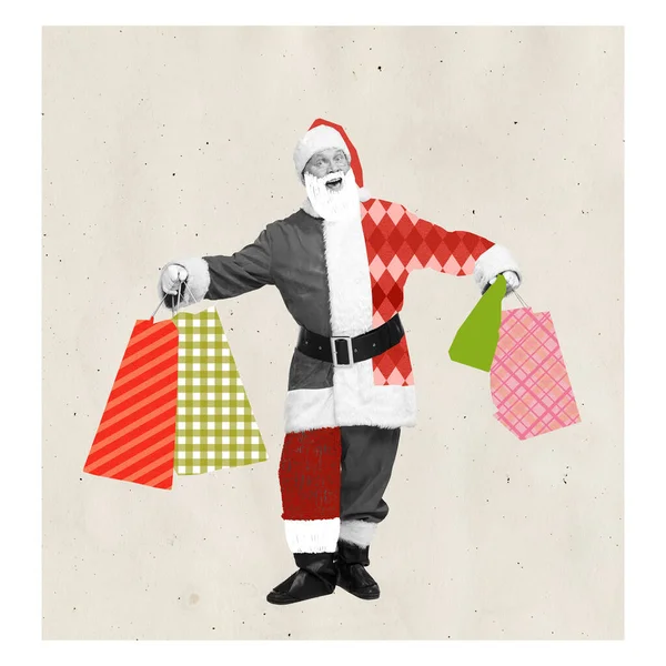 Contemporary art collage. Cheerful senior man in image of Santa Claus holding many shopping bags. Shopping time. Concept of winter holidays, Christmas, New Year, creativity. Copy space for ad, text