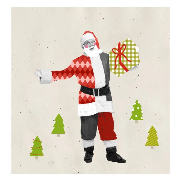Contemporary art collage. Cheerful senior man in image of Santa Claus holding many present boxes. Winter gifts. Concept of winter holidays, Christmas, New Year, creativity. Copy space for ad, text