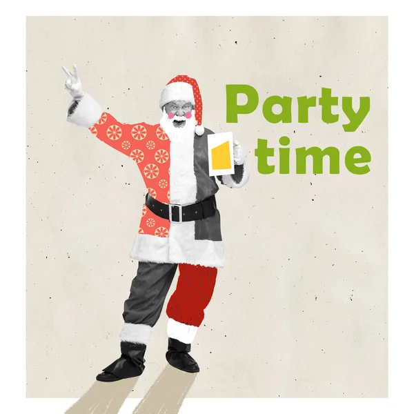 Contemporary art collage. Cheerful senior man in image of Santa Claus holding beer glass and inviting to the party. Concept of winter holidays, Christmas, New Year, creativity. Copy space for ad, text