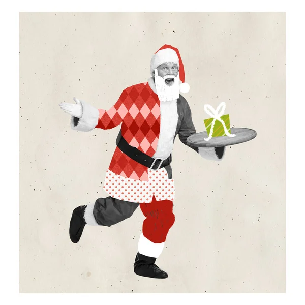 Contemporary art collage. Cheerful senior man in image of Santa Claus serving present on a tray. Traditions. Concept of winter holidays, Christmas, New Year, creativity. Copy space for ad, text