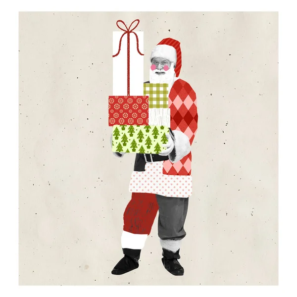 Contemporary art collage. Cheerful senior man in image of Santa Claus holding many present boxes. Merry season. Concept of winter holidays, Christmas, New Year, creativity. Copy space for ad, text