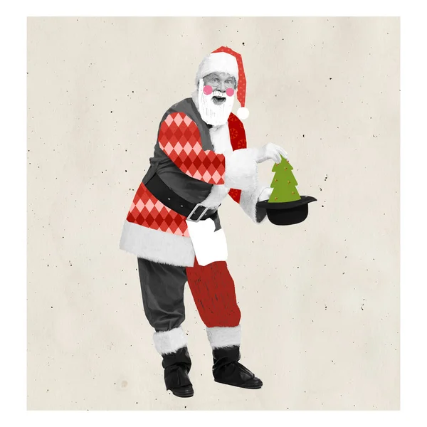 Contemporary art collage. Man in image of Santa Claus holding hat and taking Christmas tree out. Concept of winter holidays, Christmas, New Year, creativity. Copy space for ad, text