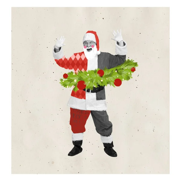 Contemporary art collage. Cheerful senior man in image of Santa Claus standing inside christmas tree wreath. Decorations. Concept of winter holidays, Christmas, New Year, creativity. Copy space for ad