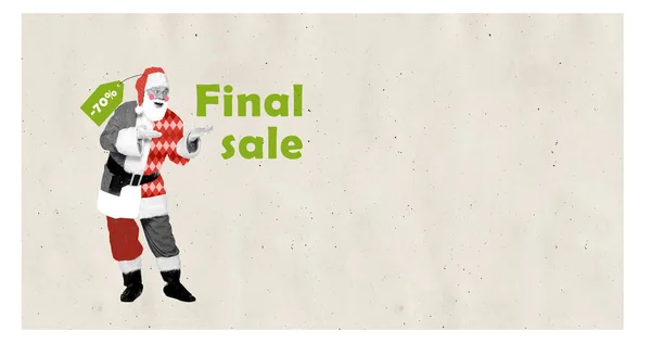 Contemporary art collage. Cheerful and excited man, Santa Claus making reminding of final total sale. Flyer . Concept of winter holidays, Christmas, New Year, creativity. Copy space for ad, text