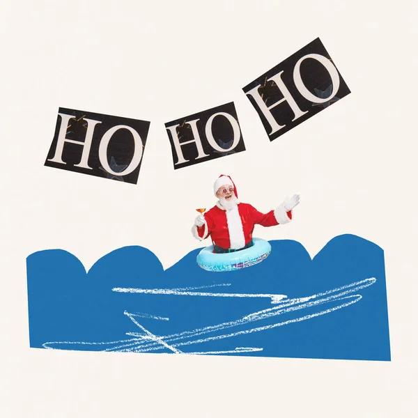 Collage Zeitgenössischer Kunst Fröhlicher Senior Bild Des Meer Schwimmenden Weihnachtsmannes — Stockfoto