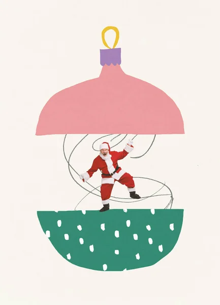 Hedendaagse Kunst Collage Senior Man Beeld Van Kerstman Dansen Kerstboom — Stockfoto
