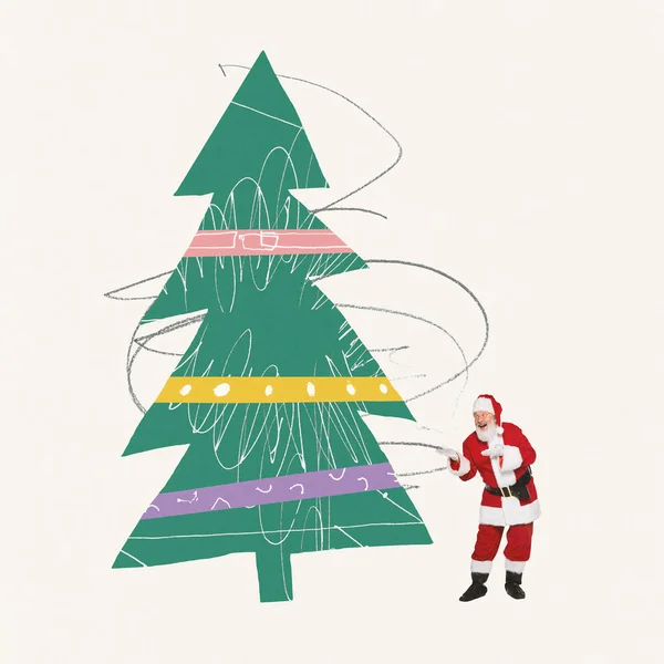 Contemporary art collage. Cheerful senior man in image of Santa Claus standing near giant decorated christmas tree. Concept of winter holidays, Christmas, New Year. Copy space for ad