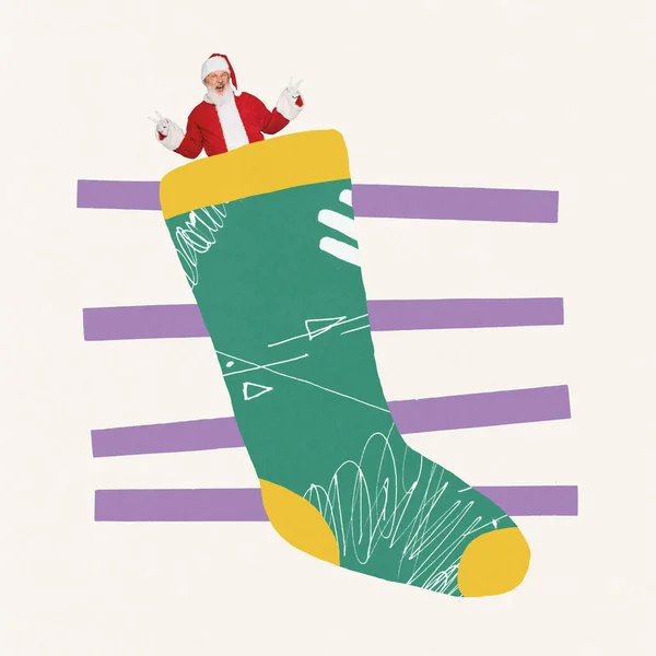 Collage Zeitgenössischer Kunst Kreatives Design Mit Senioren Der Weihnachtsmann Lugt — Stockfoto
