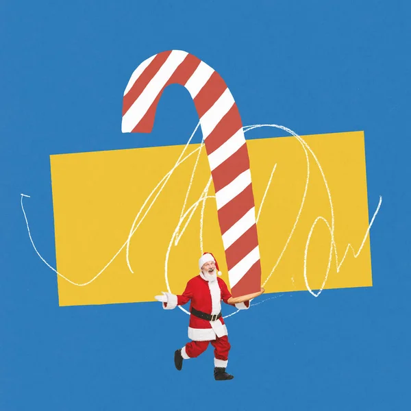 Contemporary art collage. Creative design. Senior man in image of Santa Claus dancing with giant holiday candy. Good mood. Concept of winter holidays, Christmas, New Year. Copy space for ad