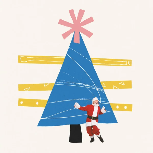 Contemporary art collage. Cheerful senior man in image of Santa Claus dancing near giant decorated christmas tree. Concept of winter holidays, Christmas, New Year. Copy space for ad, text