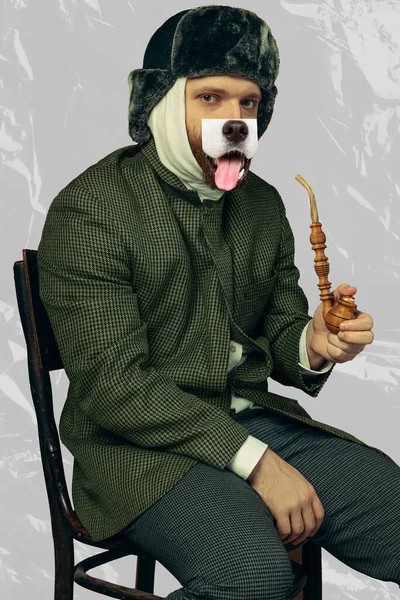 現代美術のコラージュ 灰色の背景に隔離された犬の口で有名な芸術家ヴァンゴッホを再生髭男の肖像画 時代の比較 ファッションの概念 ユーモア — ストック写真