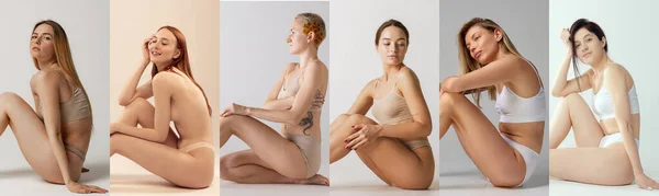 Collage Different Women Slim Figure Perfect Skin Posing Underwear Grey — Stock Photo, Image