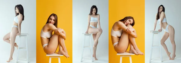 Collage Retratos Completos Hermosas Mujeres Jóvenes Con Figura Ajustada Posando —  Fotos de Stock