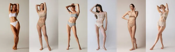 Collage Retratos Completos Mujeres Jóvenes Delgadas Ropa Interior Algodón Posando —  Fotos de Stock