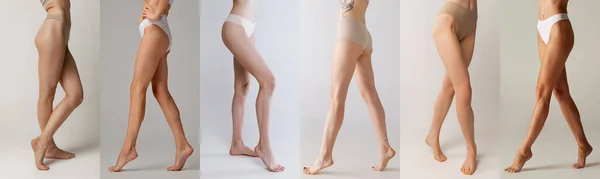 Collage Bilder Weiblicher Beine Blass Und Gebräunt Vor Grauem Hintergrund — Stockfoto