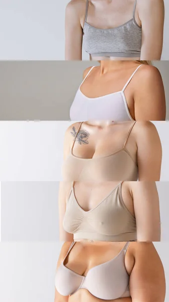 大学生活 在白色灰色背景的胸罩上剪下了女性乳房的图像 女性保健 乳房整形术 自然美 整形手术 化妆品 健康的概念 — 图库照片