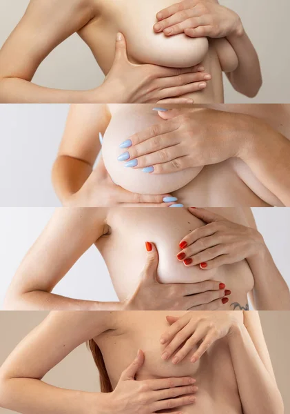 大学生活 被剪下的妇女用手捂住胸部的图像 覆盖在白色的灰色背景上 女性保健 乳房整形术 自然美 整形手术 化妆品 母性的概念 — 图库照片