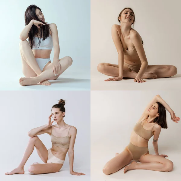 Collage Ganzseitige Porträts Junger Schöner Frauen Mit Schlankem Körper Baumwollunterwäsche — Stockfoto