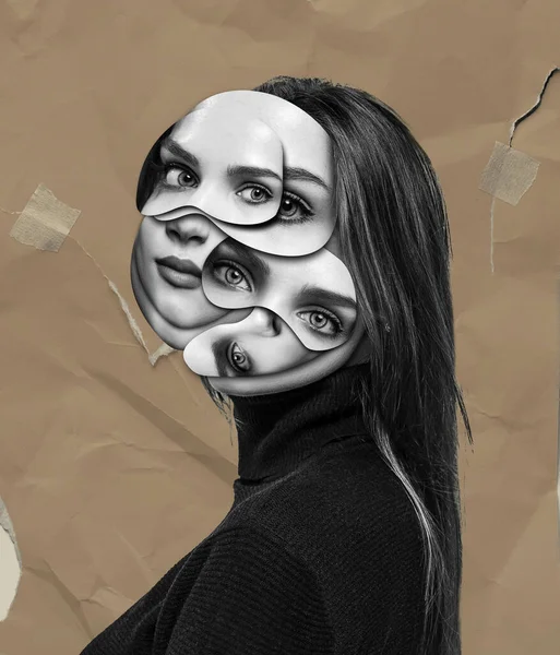 当代艺术拼贴 创意设计 漂亮的女人 头是用不同的面部部位做成的 Zine风格的艺术品 内在世界的概念 超现实主义 — 图库照片