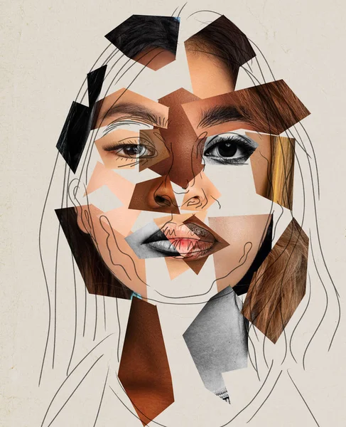 当代艺术拼贴 现代设计 女性的脸是由不同种族的妇女的不同脸组成的 选美标准 多族裔 多样性 人权概念 — 图库照片