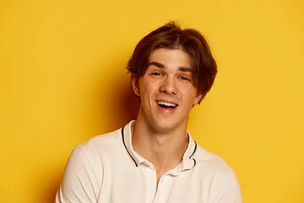 Portrait Young Man Casual White Shirt Posing Cheerfully Laughing Yellow — Stock Photo, Image