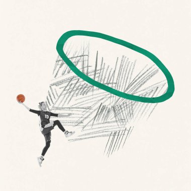 Yaratıcı tasarım. Genç kız eğitimi, basketbol oynamak, arka planda çekilen potaya top atmak. Spor, hareket, eylem, yaratıcılık, pastel renkler, motivasyon kavramı. Ad