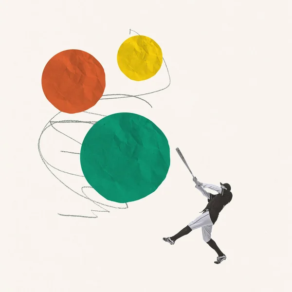Творческий Дизайн Молодой Человек Бейсболист Отбивающий Готовый Бить Мячам Битой — стоковое фото