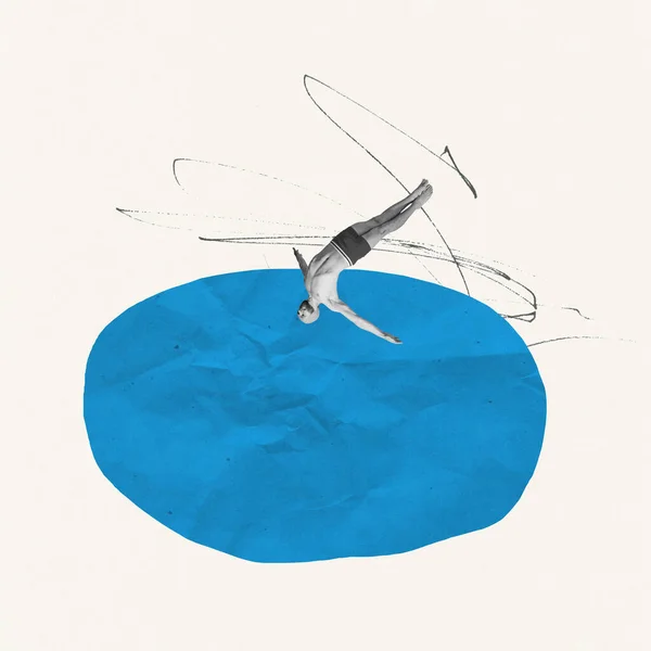 Kreativní Design Mladý Muž Plavecké Čepici Skákání Jezera Plavání Potápění — Stock fotografie
