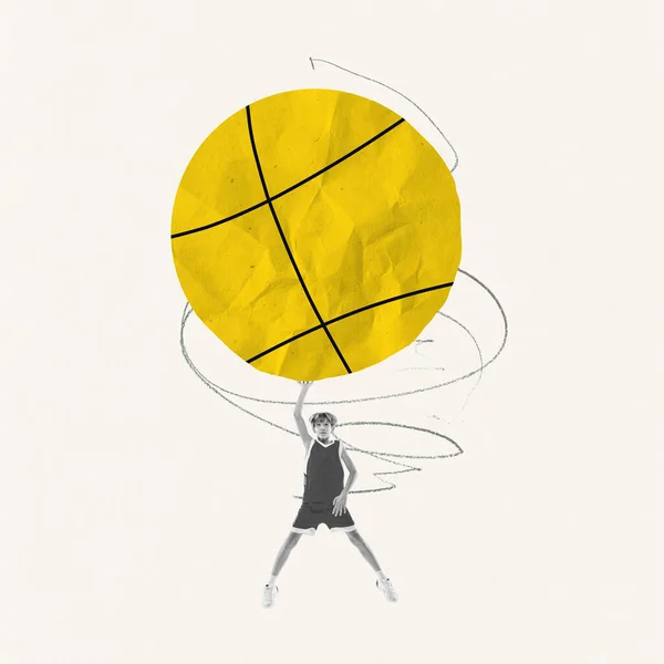 Design Créatif Adolescent Garçon Joueur Basket Ball Mouvement Sauter Lancer — Photo
