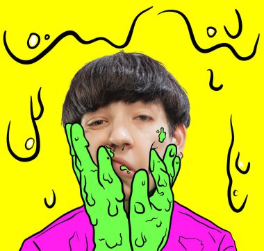 Çağdaş sanat kolajı. Yaratıcı tasarım. Genç adam yorgun ve bitkin hissediyor. Eriyen arka plan. Yaratıcılık kavramı, sürrealizm, pop sanat. Canlı renk tasarımı. Reklam için kopyalama alanı