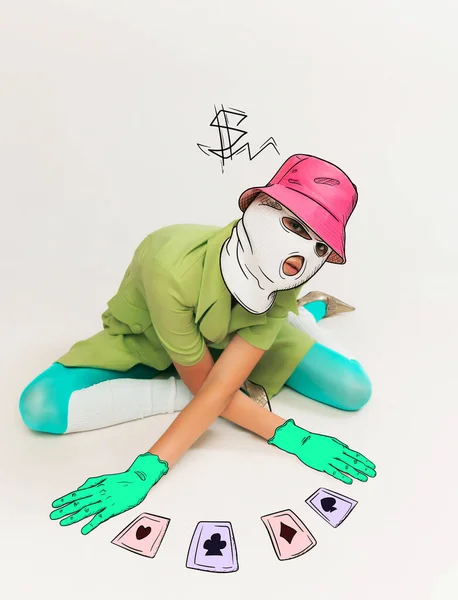 Collage Arte Contemporáneo Diseño Creativo Chica Joven Imagen Gangster Jugando — Foto de Stock