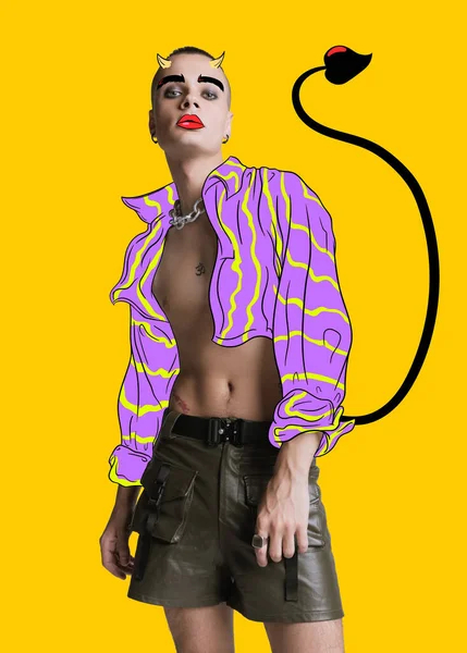 Hedendaagse Kunst Collage Creatief Ontwerp Stijlvolle Man Met Getrokken Shirt — Stockfoto