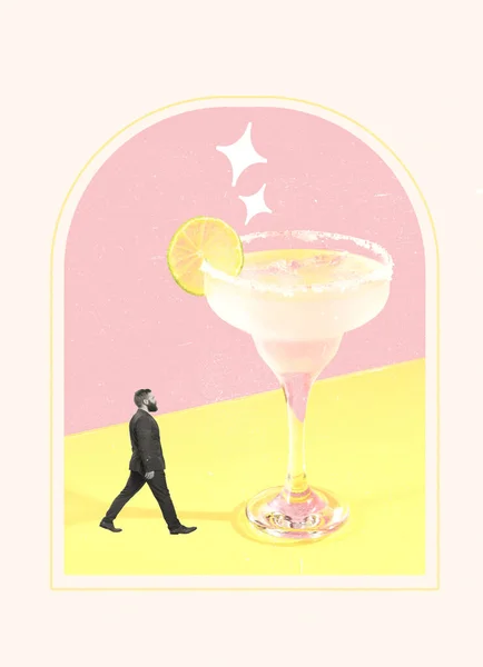 Contemporary Artwork Creative Design Retro Style Businessman Walking Direction Cocktail — Stock Photo, Image