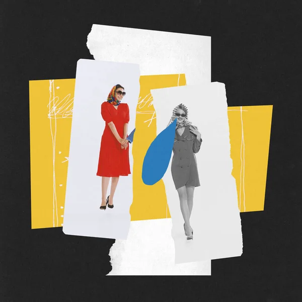 Collage Art Contemporain Conception Conceptuelle Avec Deux Femmes Heureuse Triste — Photo