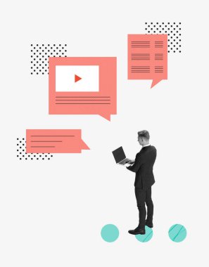 Çağdaş sanat kolajı. Kavramsal görüntü. Genç bir adam, internette online ders arayan bir öğrenci. Video dersleri. Eğitim kavramı, çevrimiçi öğrenim, bilgi geliştirme, bilgi