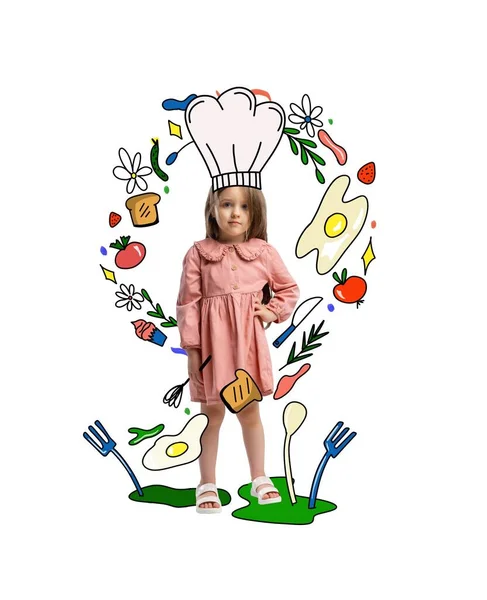 Δημιουργικό Πολύχρωμο Σχέδιο Κολάζ Σύγχρονης Τέχνης Μικρό Χαριτωμένο Κορίτσι Παιδί — Φωτογραφία Αρχείου