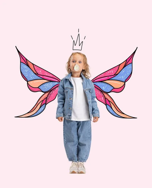 Creative colorful design. Contemporary art collage. Little girl, child in image of fairy with wings and crown. Cartoon character. Concept of imagination, childhood, motherhood, creativity, dreams, ad