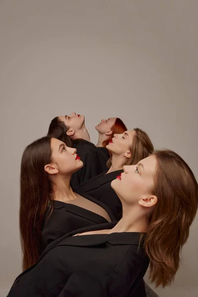 Portré Fiatal Gyönyörű Nők Fekete Kabát Piros Rúzs Smink Pózol — Stock Fotó