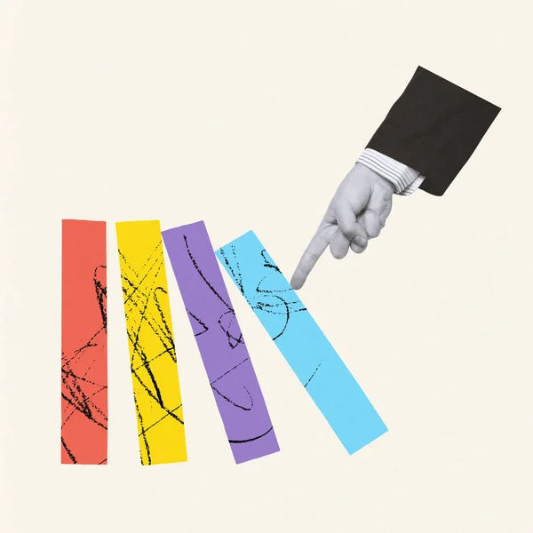Contemporary Art Collage Creative Design Male Hand Pushing Blocks Symbolizing — Stock Photo, Image