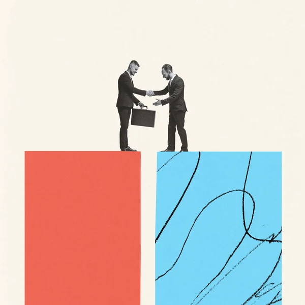 当代艺术拼贴 创意设计 两个商人握手 交换公文包 象征着成功的交易 职业发展 职业的概念 — 图库照片