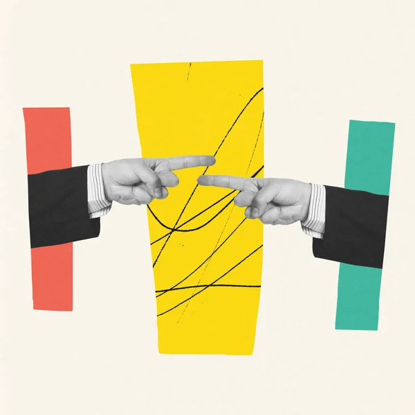 Коллаж Современного Искусства Творческий Дизайн Две Мужские Руки Указывающие Друг — стоковое фото