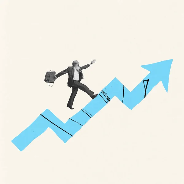Contemporary art collage. Creative design. Senior businessman running forward on arrow symbolizing professional growth. Concept of business, career development, success, growth, occupation