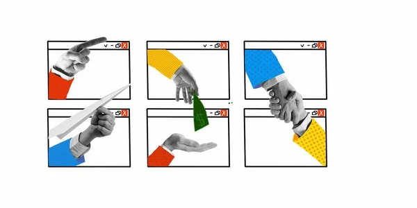 当代艺术拼贴 创意设计 男性手握象征商业周期的网络窗口 资金支持 职业发展 职业的概念 — 图库照片