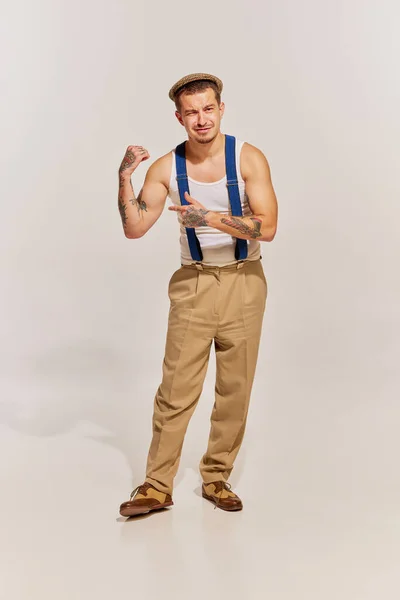 Portrait Man Suspenders Pants Posing Isolated Grey Background Brutal Man — Stock Photo, Image