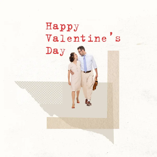現代美術のコラージュ レトロなスタイルで創造的なデザイン バレンタインデーを祝うために一緒にデートを歩く素敵なカップル 感情の概念 広告のコピースペース — ストック写真