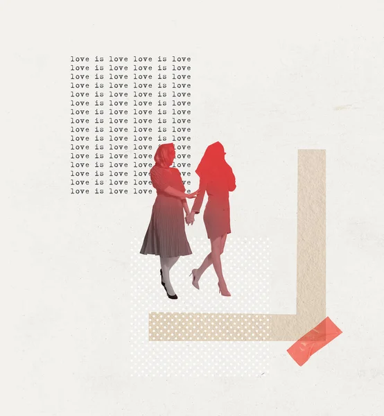 現代美術のコラージュ レトロなスタイルで創造的なデザイン 両手を持ち歩く2人の女性のシルエット Lgbtの愛 関係の概念 バレンタインデー 広告のコピースペース — ストック写真