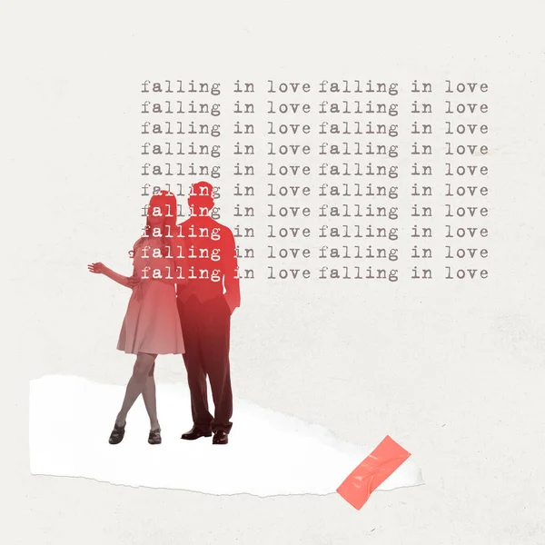 現代美術のコラージュ レトロなスタイルで創造的なデザイン 男と女のシルエット バレンタインデーのポストカード 想像力 感情の概念 広告のコピースペース — ストック写真