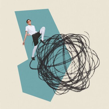 Çağdaş sanat kolajı. Kavramsal görüntü. Karmaşık düşünceleri sembolize eden kaotik bir top üzerinde yürüyen şık genç çocuk. Akıl sağlığı. Psikoloji kavramı, duygular, iç dünya, duygular