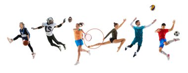 Kolaj. Farklı insanlar, hareket halindeki sporcular, beyaz arka planda oynamak, antrenman yapmak. Basketbol, futbol, tenis, ritmik jimnastikçi, voleybol. Eylem kavramı, hareket, spor, motivasyon.