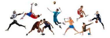 Kolaj. Farklı insanlar, hareket halindeki sporcular, beyaz arka planda oynamak, antrenman yapmak. Basketbol, futbol, tenis, ritmik jimnastikçi, voleybol. Eylem ve hareket kavramı, spor, motivasyon.